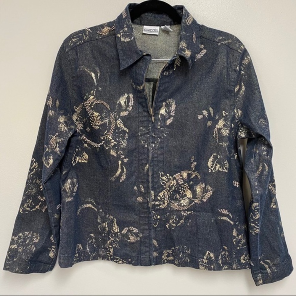 Chico’s Denim Jacket With Gold Print & Bead Detail